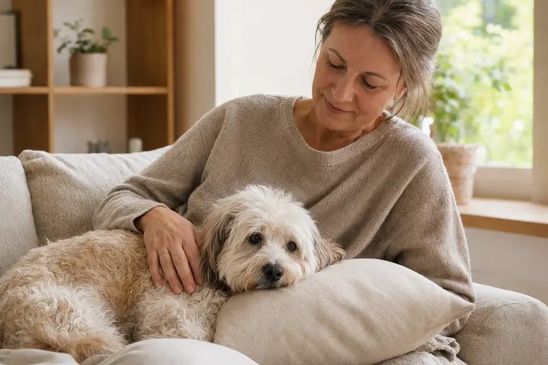 Ein älterer Maltipoo Hund genießt die Streicheleinheiten seines Besitzers auf einem bequemen Sofa in einem warmen, sicheren Zuhause.