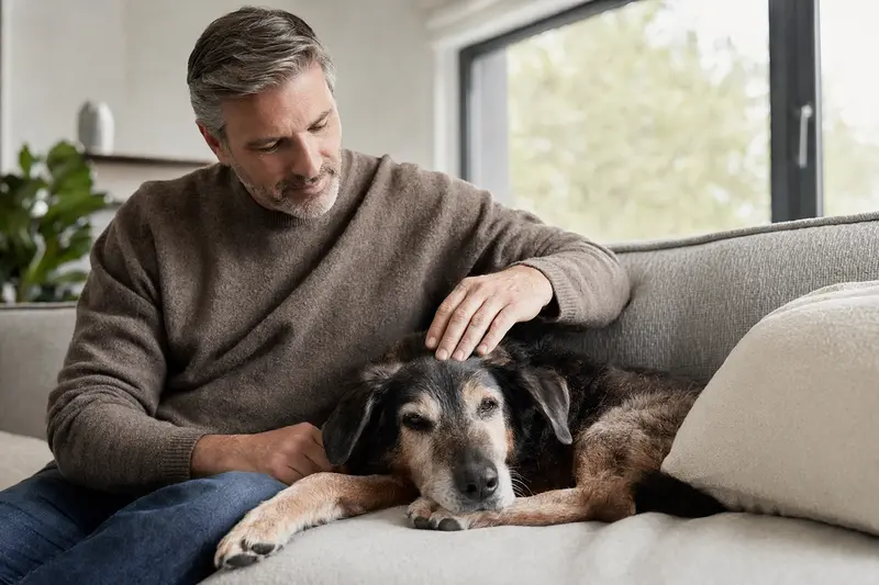Ein älterer Maneto Hund liegt entspannt auf einem Sofa, während sein Besitzer ihn liebevoll streichelt und eine warme Lichtstimmung im Raum herrscht.