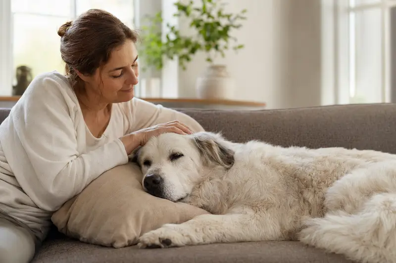 Ein älterer Maremmaner Berghund entspannt auf einem gemütlichen Sofa, während sein Besitzer ihn liebevoll streichelt.