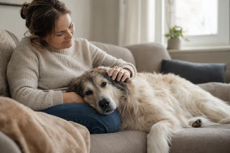 Ein älterer Maremmen-Abruzze Hund entspannt auf einem Sofa, während sein Besitzer ihn liebevoll streichelt.