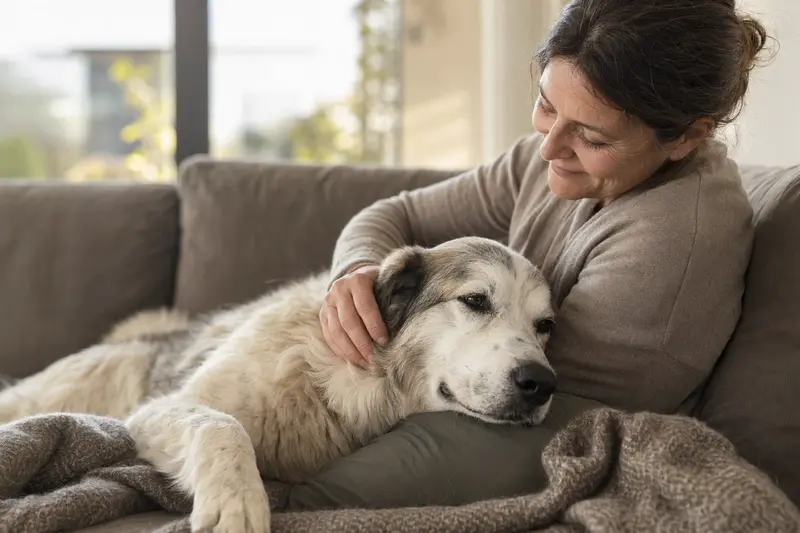 Ein älterer Maremmen-Abruzzen-Schäferhund liegt entspannt auf einem Sofa, während sein Besitzer ihn liebevoll streichelt.