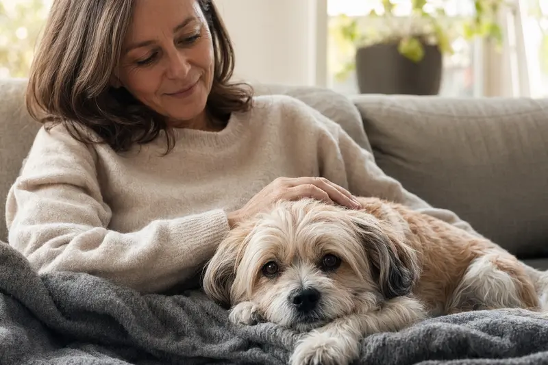 Ein älterer Markiesje Hund liegt entspannt auf einem gemütlichen Sofa, während sein Besitzer ihn liebevoll streichelt.