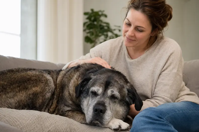 Ein älterer Mastiff liegt entspannt auf einem gemütlichen Sofa, während sein Besitzer ihn liebevoll streichelt.