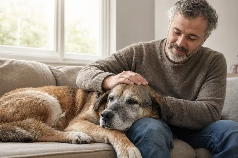 Ein älterer Mastin de Aragon Hund liegt entspannt auf einem Sofa, während sein Besitzer ihn liebevoll streichelt.