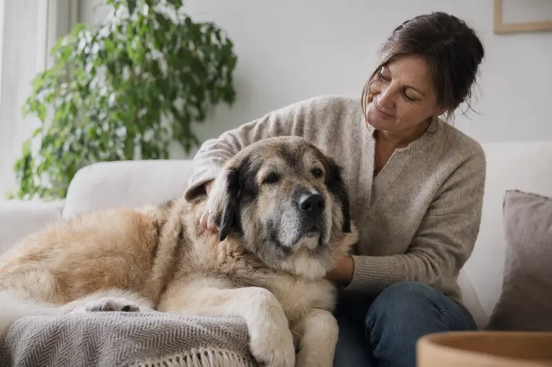 Ein älterer Mastin de los Pirineos Hund liegt entspannt auf einem gemütlichen Sofa, während sein Besitzer ihn liebevoll streichelt.