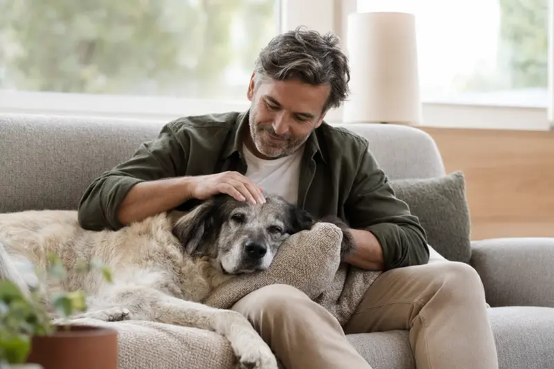 Ein älterer Mastin del Pirineo Hund, der entspannt auf einem Sofa liegt, während sein Besitzer ihn liebevoll streichelt und eine warme Lichtstimmung das ruhige Zuhause betont.