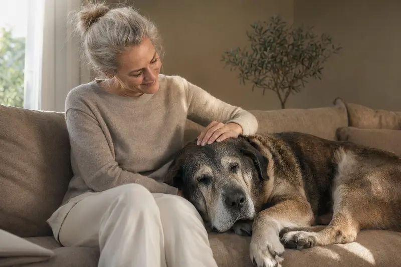 Ein älterer Mastin extremeno Hund liegt entspannt auf einem Sofa, während sein Besitzer ihn liebevoll streichelt.