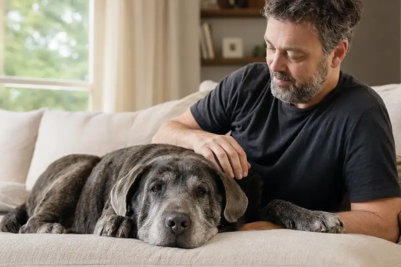 Ein entspannter Mastino Napoletano liegt auf einem gemütlichen Sofa, während sein Besitzer ihn liebevoll streichelt.