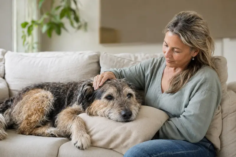 Ein älterer Mayorquais Hund liegt entspannt auf einem gemütlichen Sofa, während sein Besitzer ihn liebevoll streichelt.