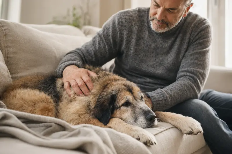 Ein älterer Mazedonischer Hirtenhund liegt entspannt auf einem Sofa, während sein Besitzer ihn liebevoll streichelt und eine warme Lichtstimmung den Raum ausfüllt.