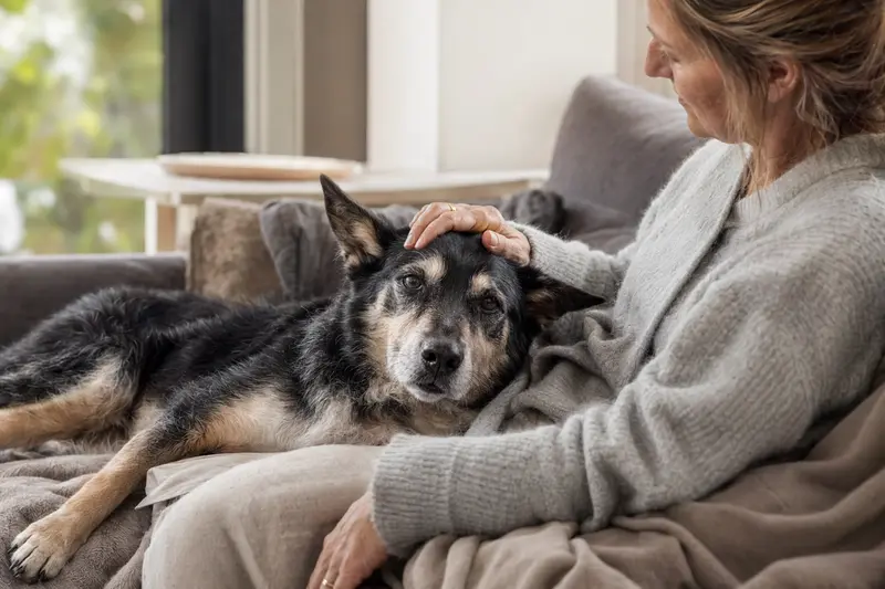 Ein älterer McNab Hund liegt entspannt auf einem Sofa, während sein Besitzer ihn liebevoll streichelt.