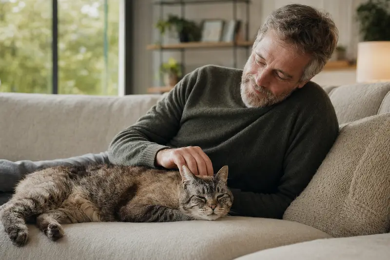 Eine ältere Mekong-Bobtail Katze entspannt auf einem Sofa, während der Besitzer liebevoll streichelt.