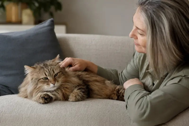 Eine ältere Menuett Katze liegt entspannt auf einem gemütlichen Sofa, während ihr Besitzer sie liebevoll streichelt.