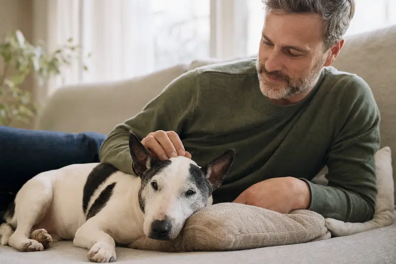 Ein älterer Mini-Bullterrier liegt entspannt auf einem gemütlichen Sofa, während sein Besitzer ihn liebevoll streichelt und eine warme Atmosphäre schafft.
