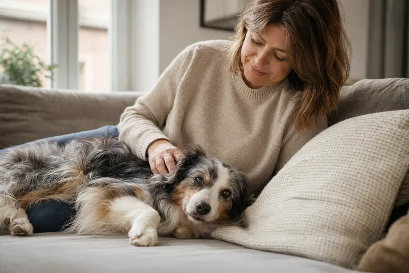 Ein älterer Miniatur Australian Shepherd liegt entspannt auf einem Sofa, während ihn sein Besitzer liebevoll streichelt.