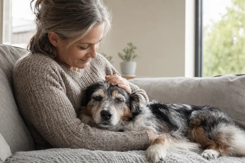 Ein älterer Miniature American Shepherd liegt entspannt auf einem Sofa, während sein Besitzer ihn liebevoll streichelt.