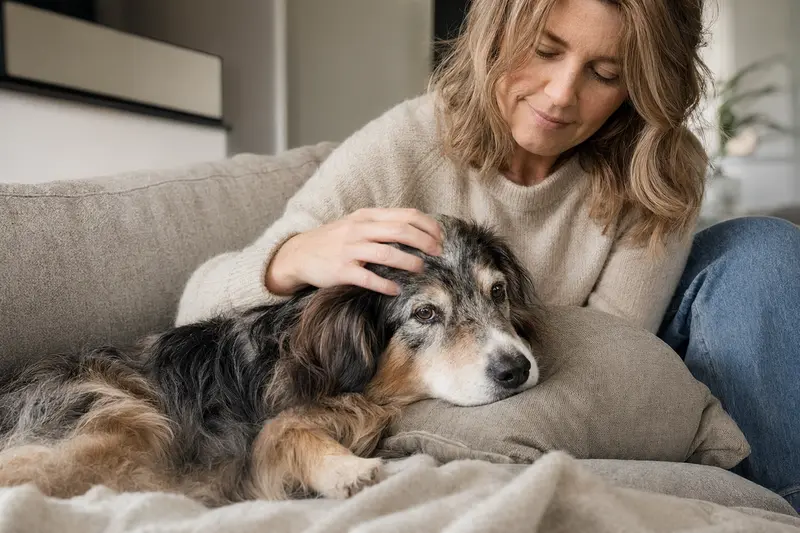 Ein älterer Miniature Australian Shepherd entspannt auf einem Sofa, während sein Besitzer ihn liebevoll streichelt und eine warme Lichtstimmung vermittelt wird.