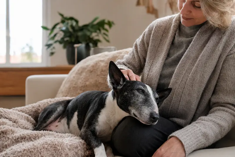 Ein älterer Miniature Bull Terrier entspannt auf einem Sofa, während sein Besitzer ihn liebevoll streichelt.