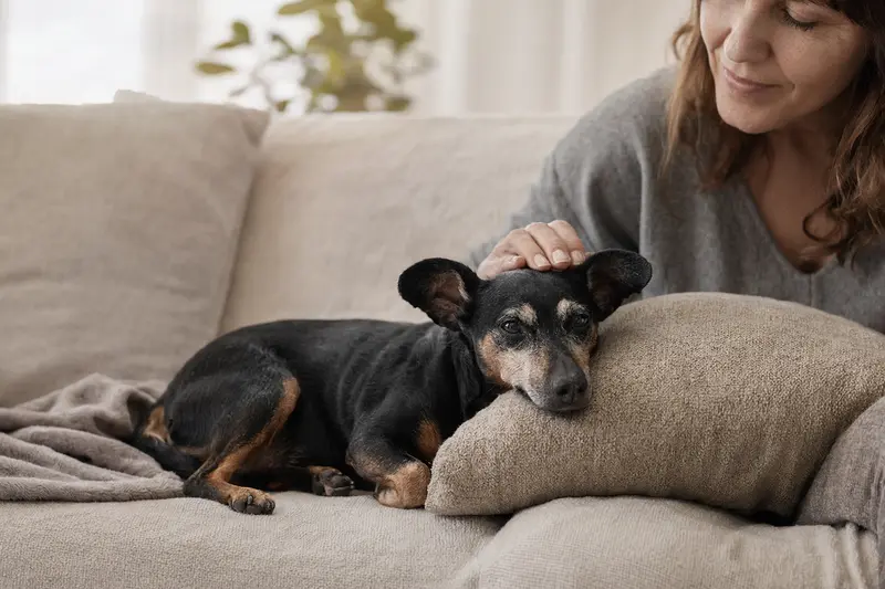 Ein älterer Minidoberman liegt entspannt auf einem gemütlichen Sofa, während sein Besitzer ihn liebevoll streichelt.