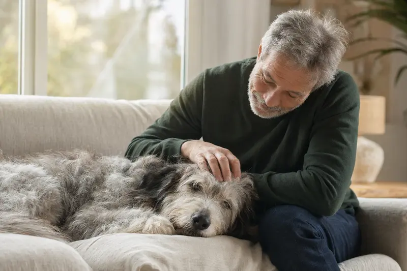 Ein älterer Mioritic Hund liegt entspannt auf einem gemütlichen Sofa, während sein Besitzer ihn liebevoll streichelt.