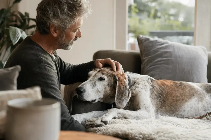 Ein älterer Mittelasiatischer Tazi Hund entspannt auf einem Sofa, liebevoll gestreichelt von seinem Besitzer.