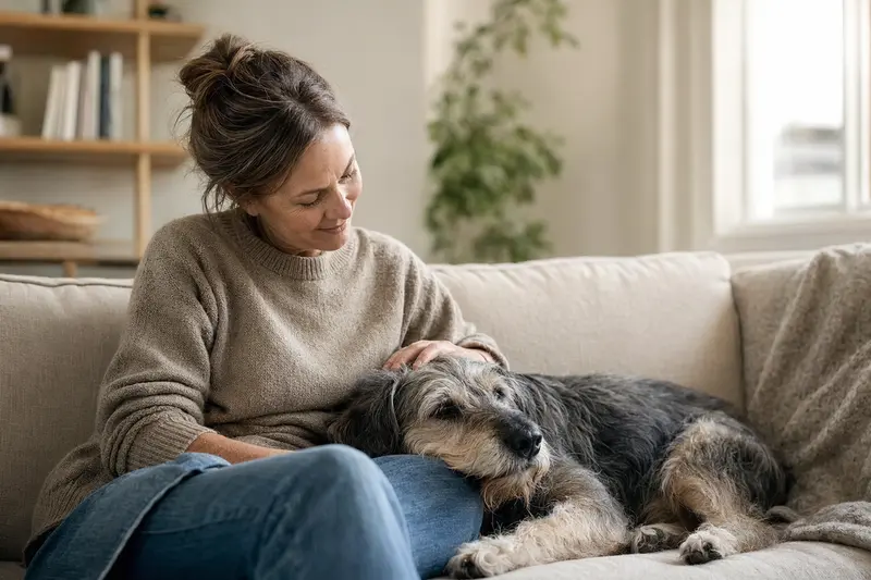Ein älterer Mittelschnauzer liegt entspannt auf einem Sofa, während sein Besitzer ihn liebevoll streichelt.