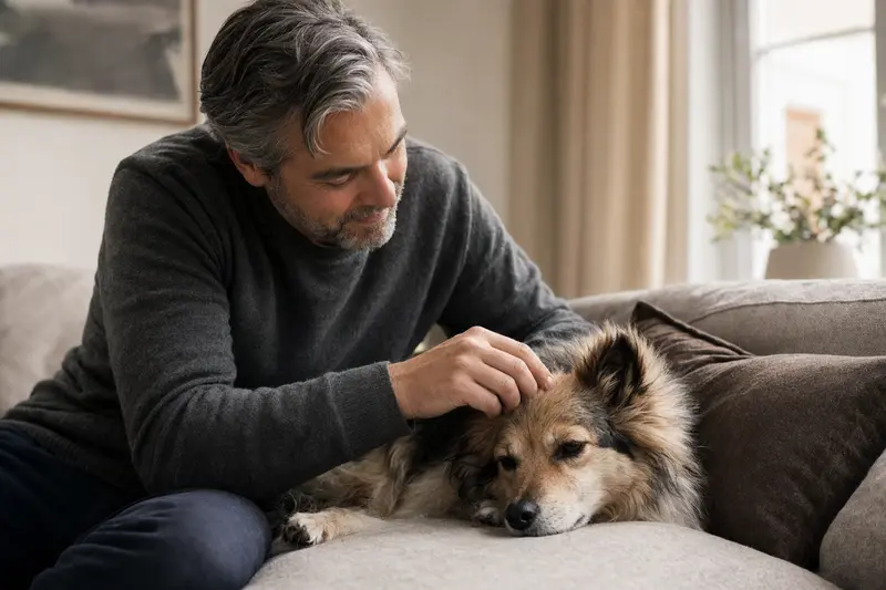 Ein älterer Mittelspitz Hund liegt gemütlich auf einem Sofa, während sein Besitzer ihn liebevoll streichelt, was ein Gefühl von Sicherheit und Fürsorge vermittelt.