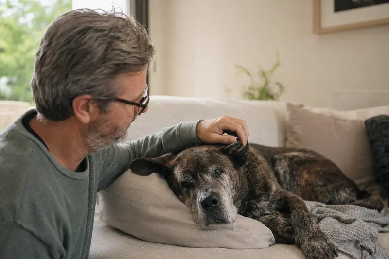 Ein älterer Molosser Hund liegt entspannt auf einem Sofa, während sein Besitzer ihn liebevoll streichelt.