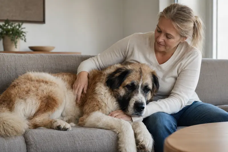 Ein älterer Moskauer Wachhund entspannt auf einem komfortablen Sofa, während sein Besitzer ihn liebevoll streichelt.