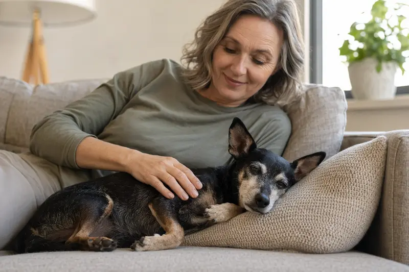 Ein älterer Moskauer Zwergterrier liegt entspannt auf einem Sofa, während sein Besitzer ihn liebevoll streichelt.