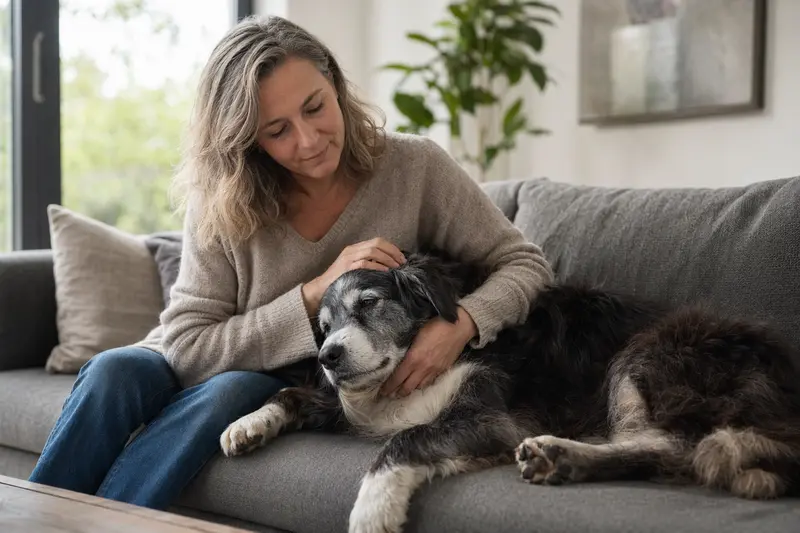 Ein entspannter Mountain Collie liegt auf einem gemütlichen Sofa, während sein Besitzer ihn liebevoll streichelt.