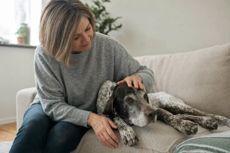 Ein älterer Navarro Pointer Hund liegt entspannt auf einem Sofa, während sein Besitzer ihn liebevoll streichelt.