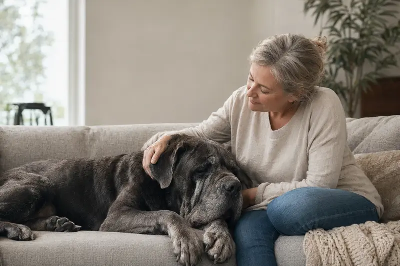 Älterer Neapolitanischer Mastiff liegt entspannt auf einem Sofa, während sein Besitzer ihn liebevoll streichelt.