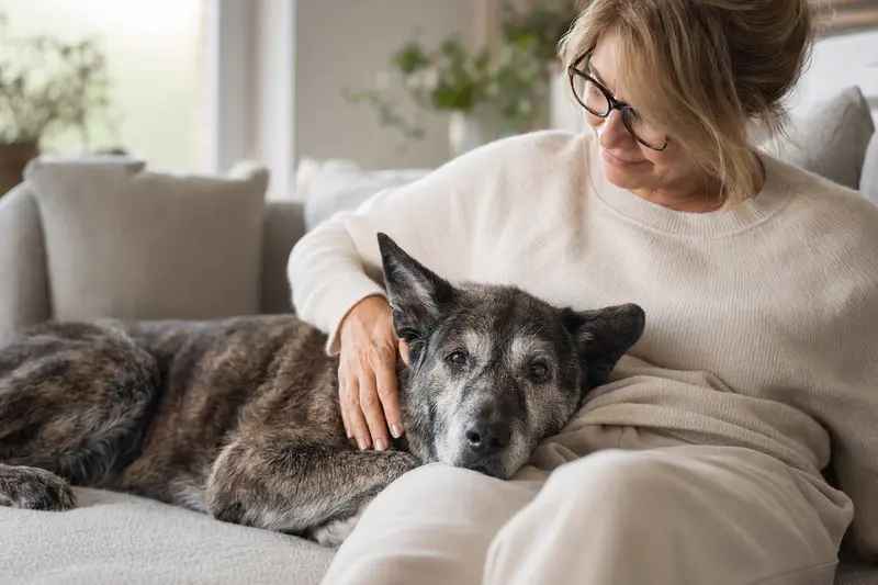 Ein älterer Nederlandse Herdershond entspannt auf einem Sofa, während sein Besitzer ihn liebevoll streichelt.