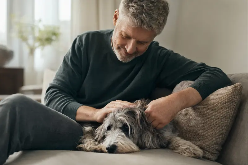 Ein älterer Nederlandse Schapendoes liegt entspannt auf einem Sofa, während sein Besitzer ihn liebevoll streichelt.