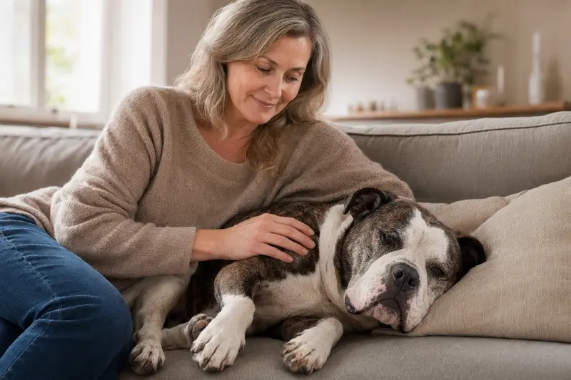 Ein älterer Neue Englische Bulldogge entspannt auf einem Sofa, während sein Besitzer ihn liebevoll streichelt und eine warme, fürsorgliche Stimmung im Raum herrscht.