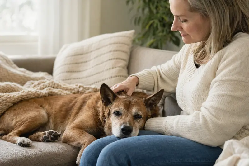 Ein älterer Neuguinea-Dingo Hund entspannt auf einem Sofa, während sein Besitzer ihn liebevoll streichelt und eine warme, fürsorgliche Atmosphäre schafft.