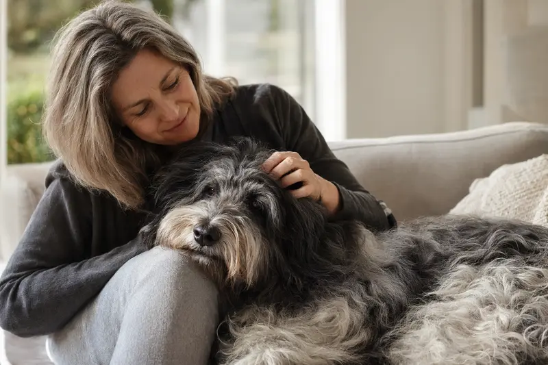 Ein älterer Niederländischer Schapendoes Hund ruht entspannt auf einem gemütlichen Sofa, während sein Besitzer ihn liebevoll streichelt.