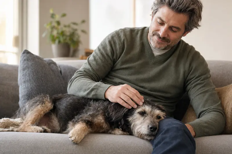 Ein älterer Nippon-Terrier Hund entspannt auf einem gemütlichen Sofa, während sein Besitzer ihn liebevoll streichelt.