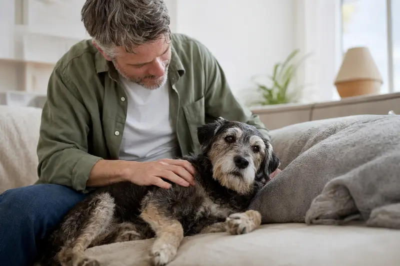 Ein älterer Nishon-Terrier liegt entspannt auf einem Sofa, während sein Besitzer ihn liebevoll streichelt und eine ruhige, fürsorgliche Atmosphäre schafft.