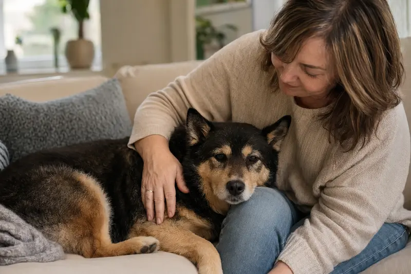 Ein älterer Norbottenspitz liegt entspannt auf einem Sofa, während sein Besitzer ihn liebevoll streichelt.