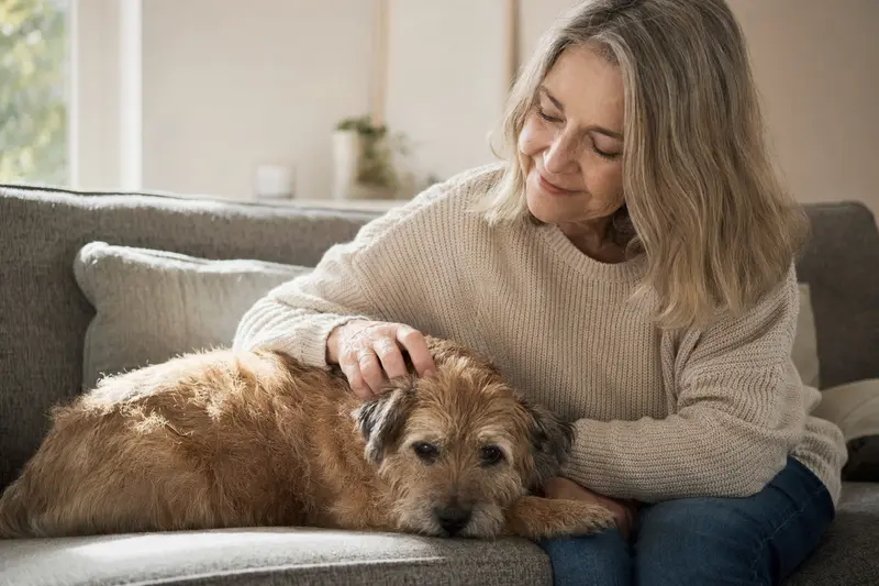 Ein älterer Norfolk-Terrier wird liebevoll von seinem Besitzer auf einem gemütlichen Sofa gestreichelt.