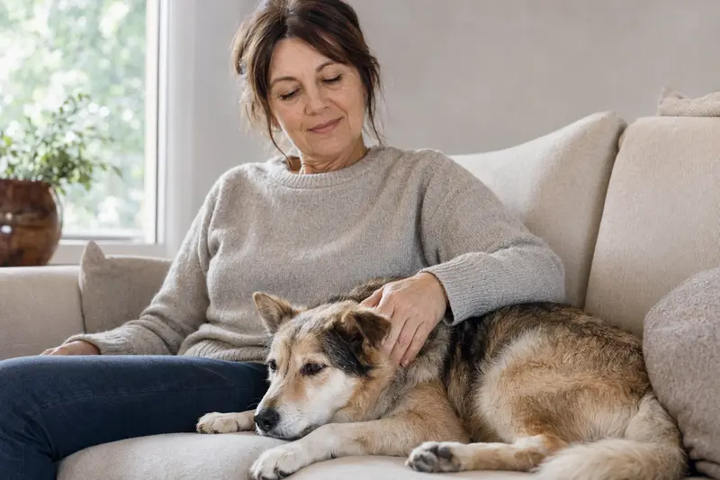 Ein älterer Norrbottenspets Hund liegt entspannt auf einem Sofa, während sein Besitzer ihn liebevoll streichelt und eine warme Lichtstimmung herrscht.
