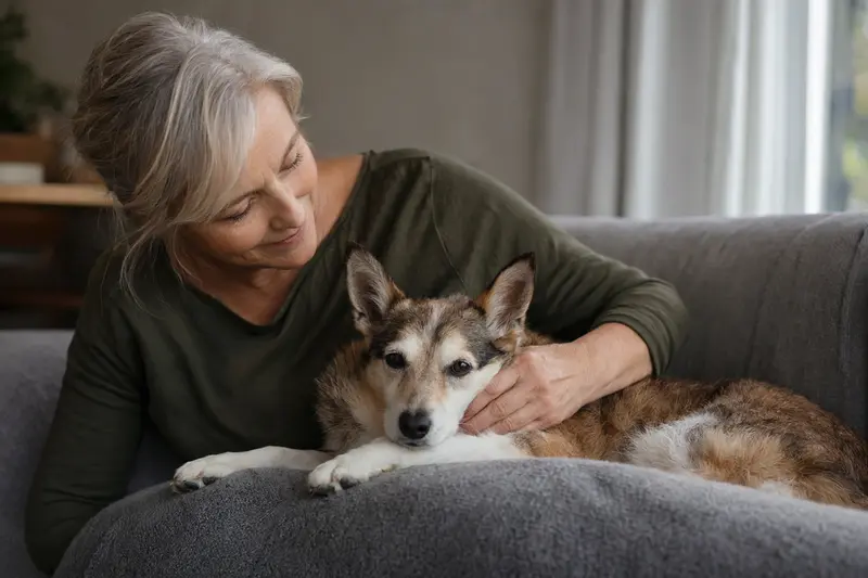 Ein älterer Norsk Lundehund entspannt auf einem Sofa, während sein Besitzer ihn liebevoll streichelt.