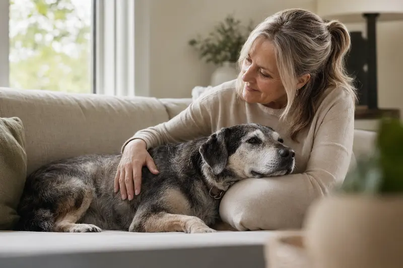 Ein älterer Norwegian Hound Hund liegt entspannt auf einem Sofa, während sein Besitzer ihn streichelt und eine gemütliche Atmosphäre schafft.