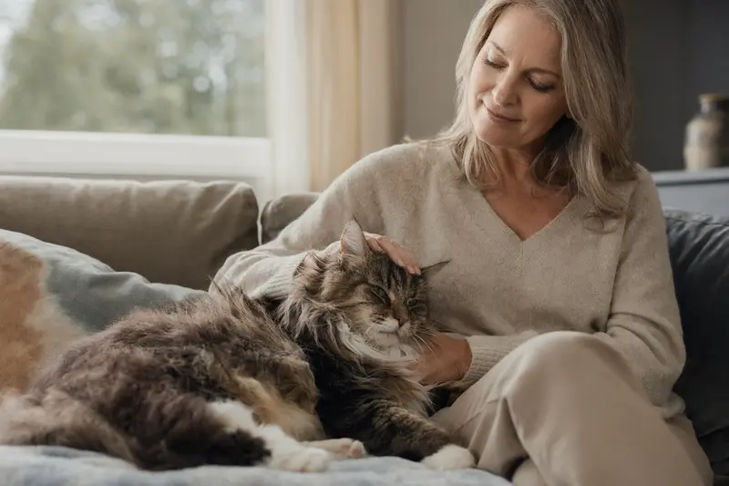 Eine ältere Norwegische Waldkatze entspannt auf einem gemütlichen Sofa, während ihr Besitzer sie liebevoll streichelt.
