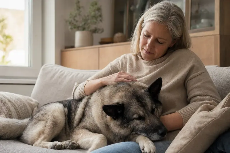 Ein älterer Norwegischer Elchhund liegt entspannt auf einem Sofa, während sein Besitzer ihn liebevoll streichelt.