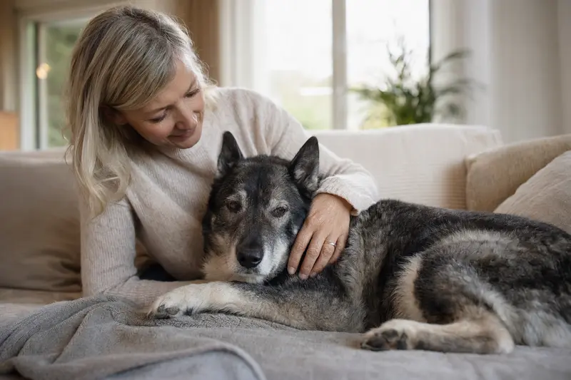 Älterer Norwegischer Elchhund liegt entspannt auf einem Sofa, während sein Besitzer ihn liebevoll streichelt.