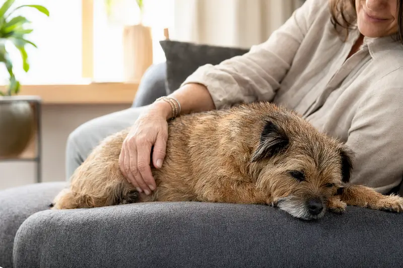 Ein älterer Norwich Terrier liegt entspannt auf einem gemütlichen Sofa, während sein Besitzer ihn liebevoll streichelt und eine warme Lichtstimmung erzeugt.