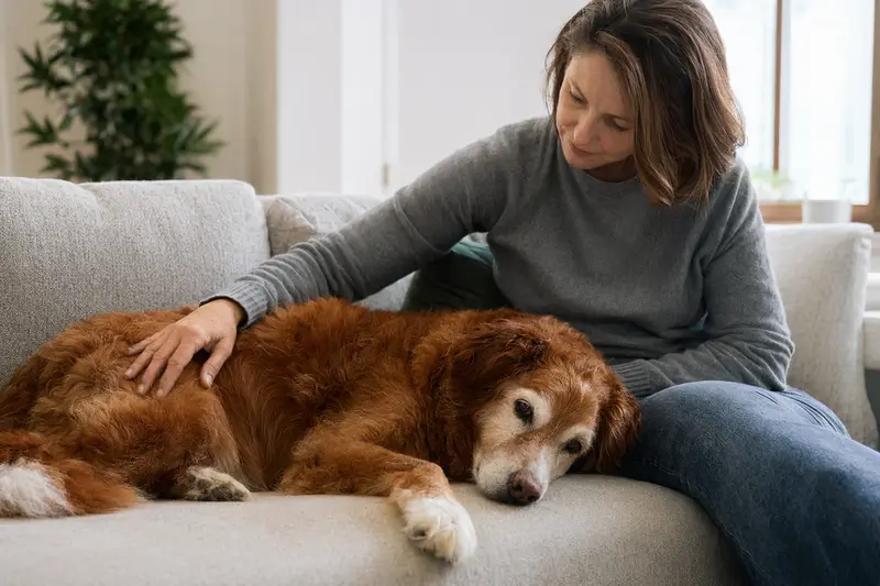Ein älterer Nova Scotia Duck Tolling Retriever liegt entspannt auf einem gemütlichen Sofa, während sein Besitzer ihn liebevoll streichelt.